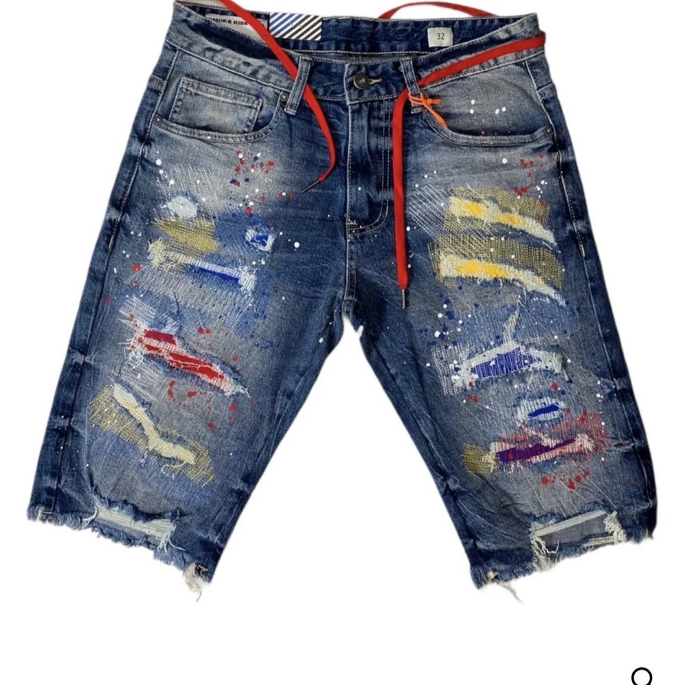 Smoke Rise Men's Distressed Jean Colorful Paint Patch Stretch Denim Shorts Sz 34